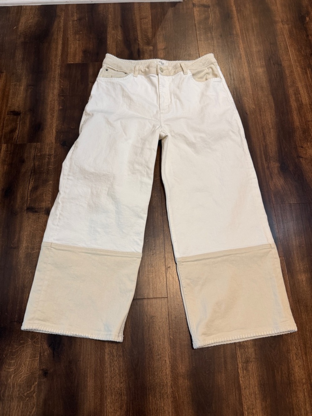 Rails The Getty Crop Two-Tone Wide Leg Denim Jeans in White and Beige Size 32 - Picture 2 of 3